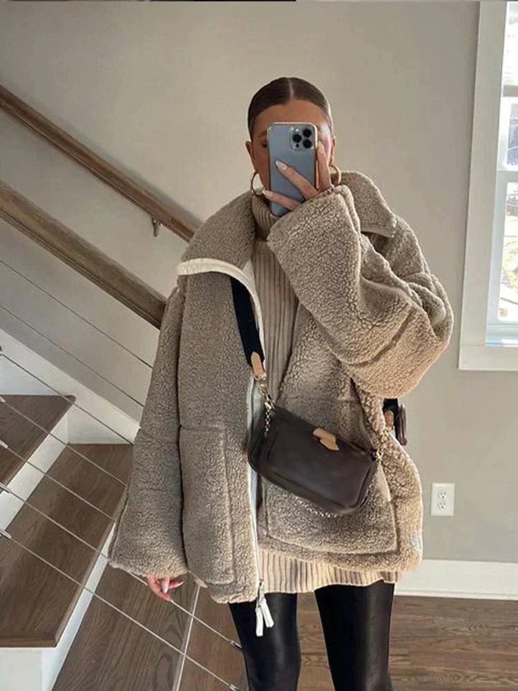 Drune | Teddy-Mantel - Weicher Schaffell-Look - Oversized Passform - Hoher Kragen - Reißverschlussverschluss
