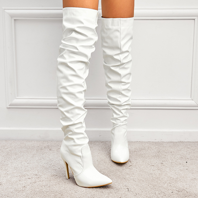 Drune | Over the Knee Stiefel Lackleder Spitz Zulaufende Zehen Stiletto Absatz Schlabberpassform