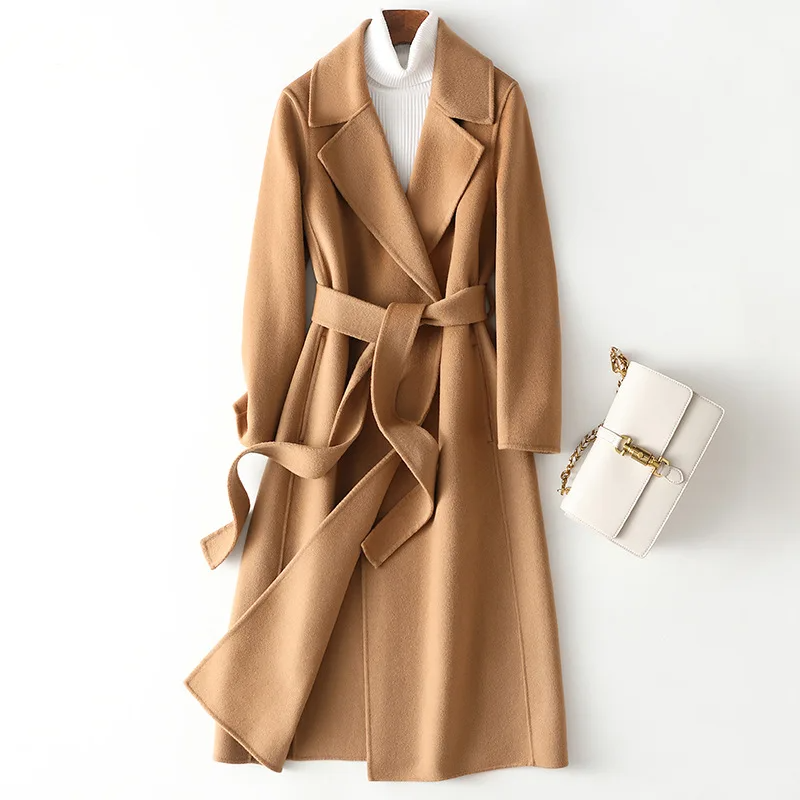 Drune | Wollmantel Langer Schnitt Offene Vorderseite Taillengürtel Eleganter Look
