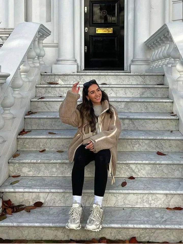 Drune | Teddy-Mantel - Weicher Schaffell-Look - Oversized Passform - Hoher Kragen - Reißverschlussverschluss