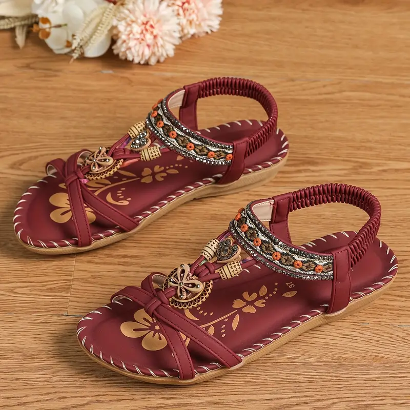 Drune | Boho Strass Stil Offene Zehen Elastische Riemen Sandalen