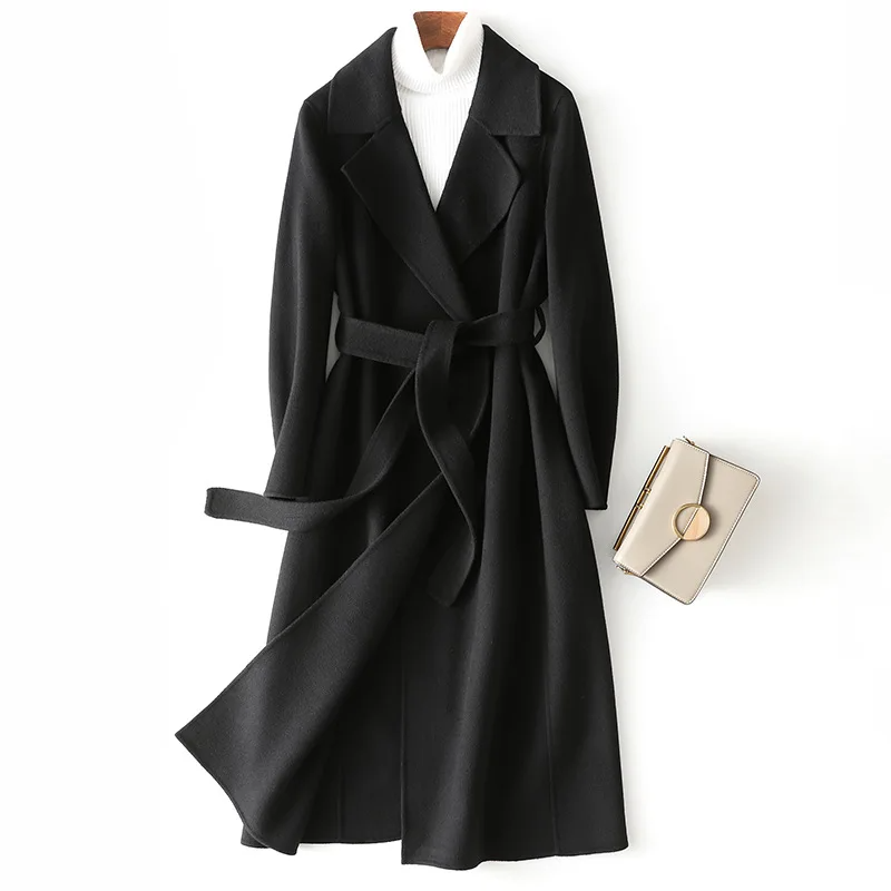 Drune | Wollmantel Langer Schnitt Offene Vorderseite Taillengürtel Eleganter Look