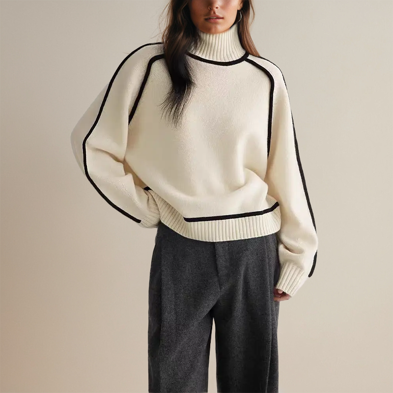 Drune | Pullover - Frauen Herbst Übergröße Rollkragenpullover mit Kontrastärmelbesatz
