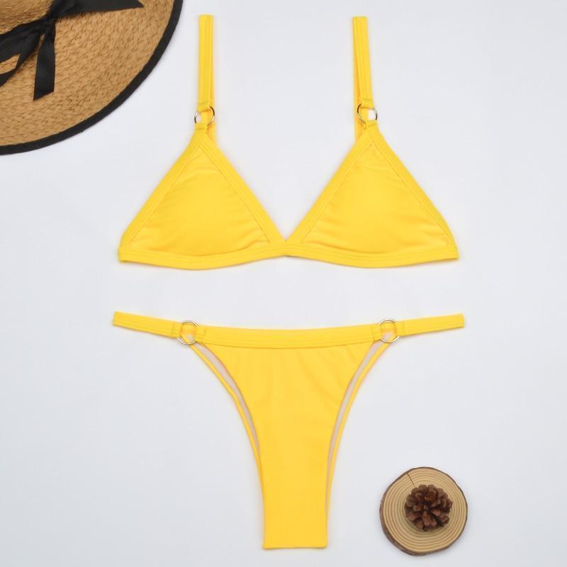 Drune Zweiteiliger Bikini-Badeanzug mit goldfarbigen Metallringen und dreieckigen Körbchen