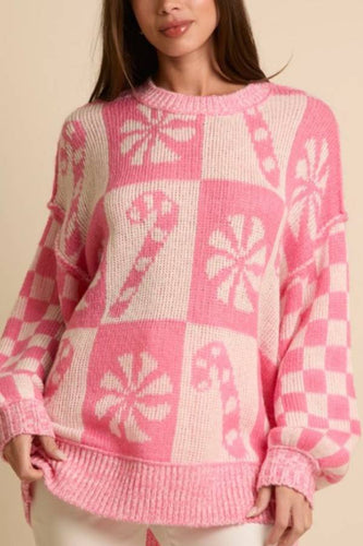 Drune | Weihnachts-Schneeflocke Bonbon runder Hals langer Ärmel loser gestrickter Pullover