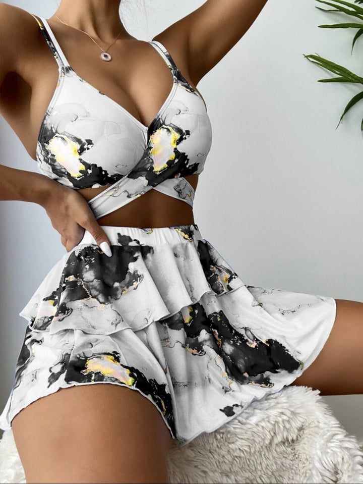 Drune | Dreiteiliges Bikini-Set mit Marmordruck