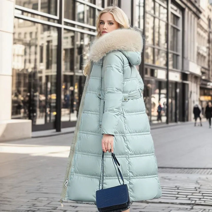 Drune | Damen lange Winterjacke mit Pelzmütze und Gürtel