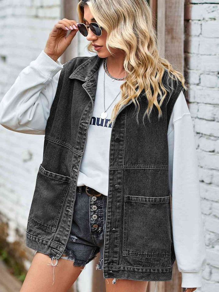 Drune | Knopf-Front Ärmellose Jeansjacke