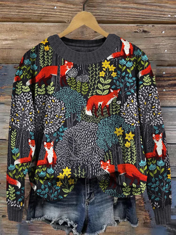 Drune | Elegantes Langarm-T-Shirt mit Wald-Fox-Muster für Frauen