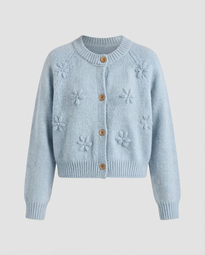 Damen Kurz geschnittene Strickjacke mit dreidimensionalen Blumenmotiven, Holzknöpfen und geripptem Saum Drune
