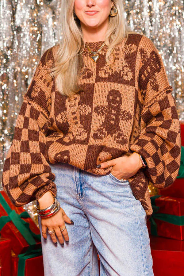Drune | Weihnachtslebkuchenmann Rundhalsausschnitt Langarm Lockere Strickpullover