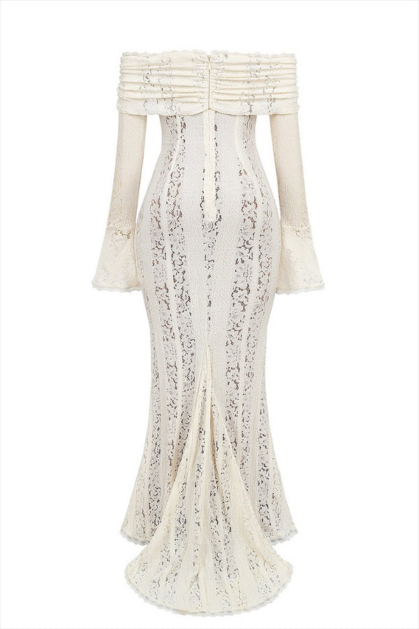 Drune | Blumen Spitze Off Shoulder Flare Ärmel Fishtail Maxi Kleider - Weiß