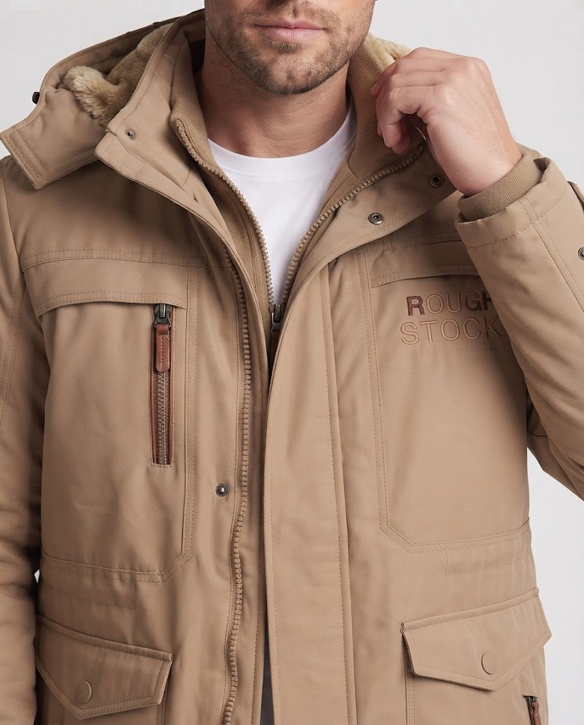 Herren gefütterte Canvas-Outdoorjacke mit Teddy-Innenfutter, verstärkten Taschen und hohem Kragen Drune