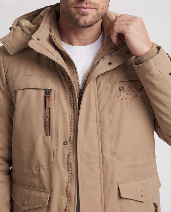 Herren gefütterte Canvas-Outdoorjacke mit Teddy-Innenfutter, verstärkten Taschen und hohem Kragen Drune