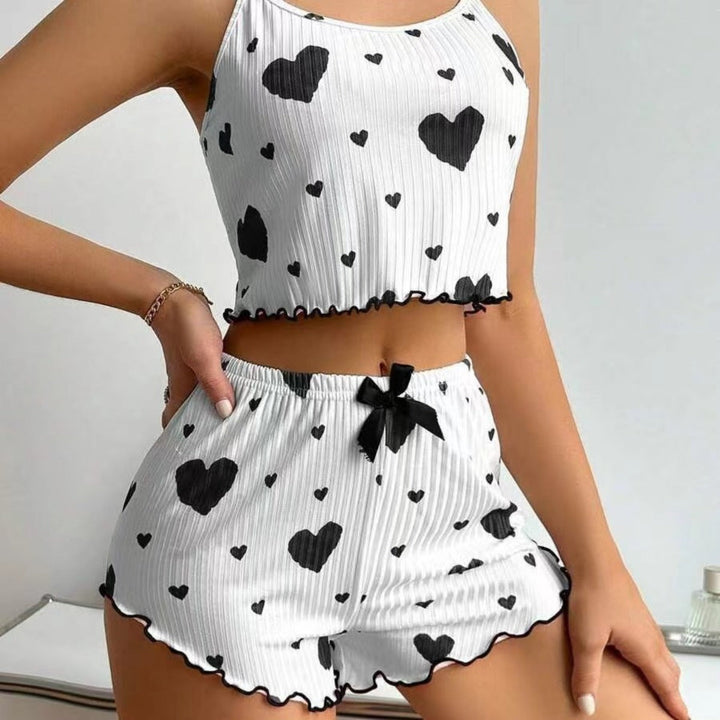 Drune | Liebe Bedruckte Hosenträger Shorts Pyjama Set