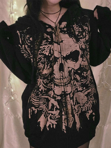 Drune | vintage Schädelprint oversized Hoodie mit Reißverschluss