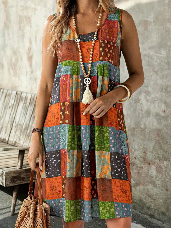 Drune | Boho Patchwork-Ärmelloses Swing-Kleid