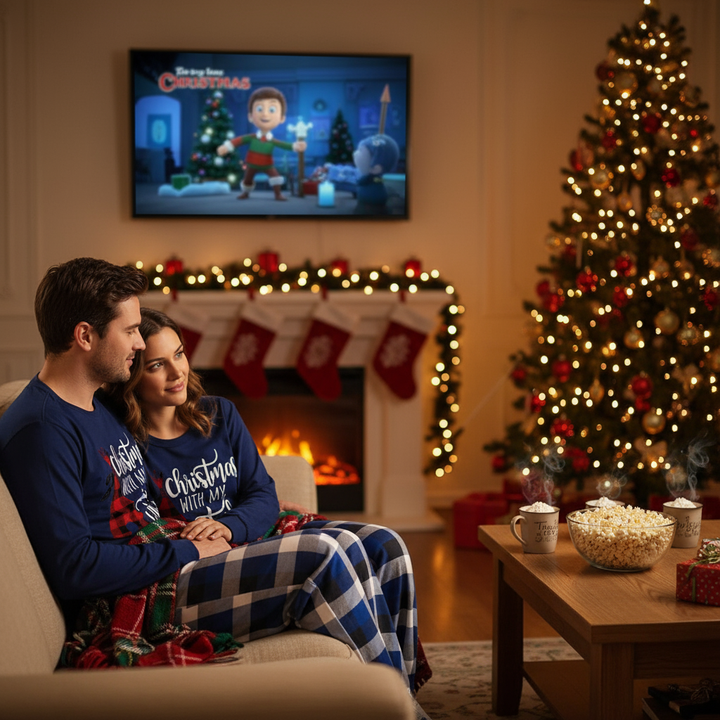 Drune | "Weihnachten Mit Meinem Stamm" Muster Blau Lange Ärmel mit Blau-Weißen-Schwarzen Karo-Hosen Paar Passende Schlafanzüge
