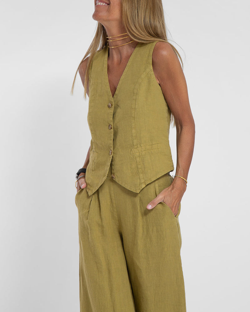Drune | Elegantes 2-Teiliges Set Leinen Weite Hose & Weste