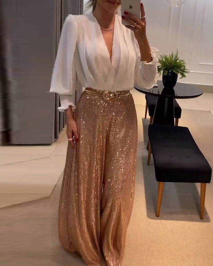 Drune | Elegante Einfarbige Bluse mit V-Ausschnitt und Laternenärmeln