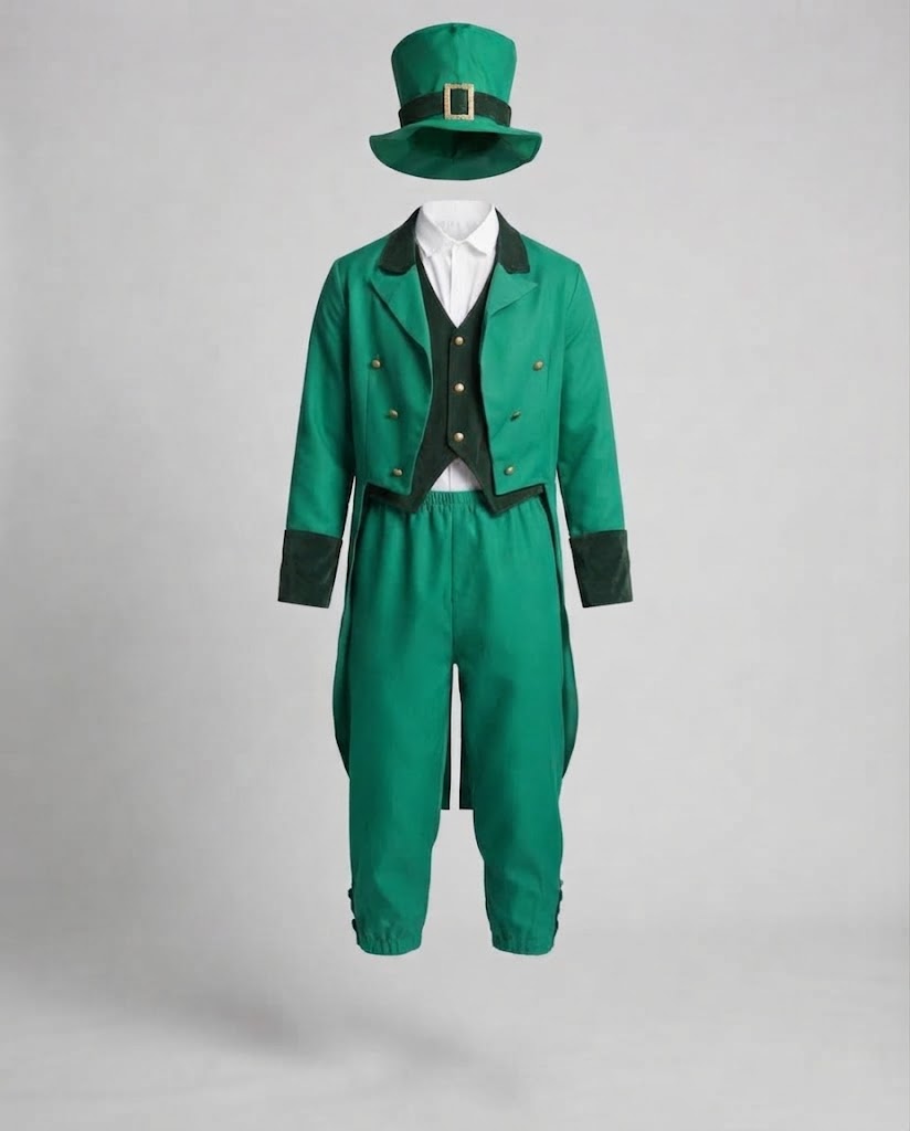 Herren elegantes Leprechaun-Kostüm mit fröhlichem Hut und detaillierter Drune-Jacke Drune