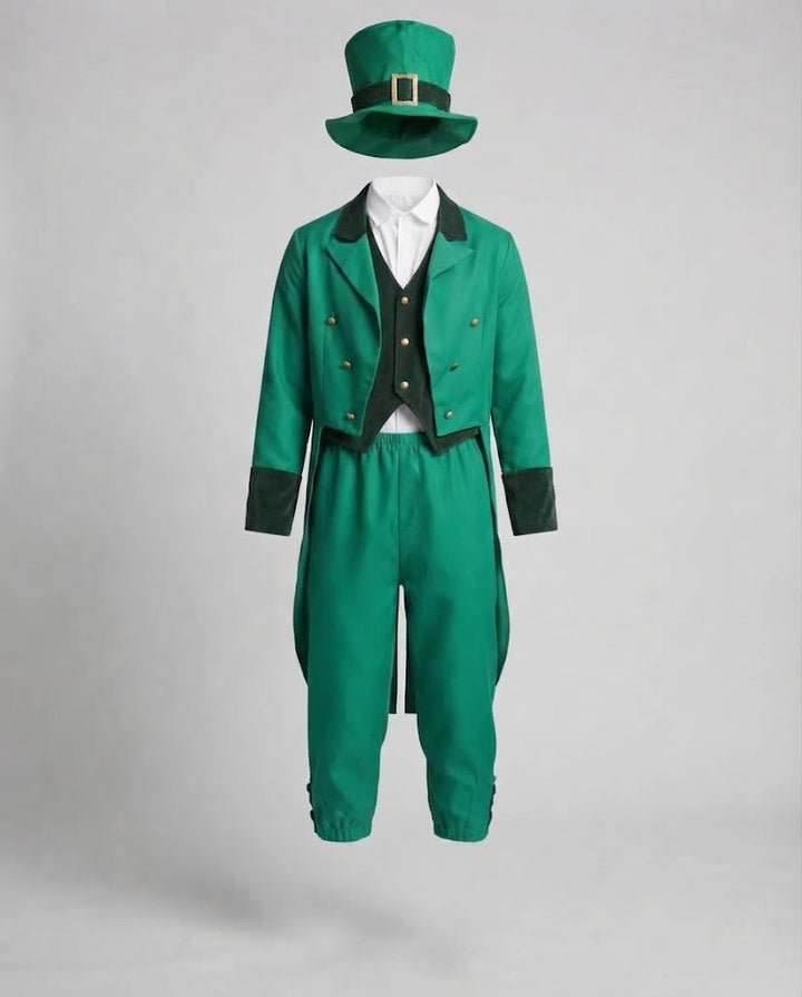 Herren elegantes Leprechaun-Kostüm mit fröhlichem Hut und detaillierter Drune-Jacke Drune