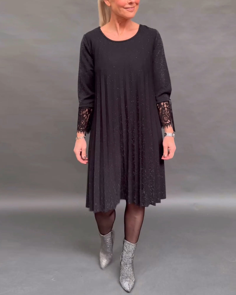 Drune | Einfarbiges Plissiertes Patchwork Spitzenkleid