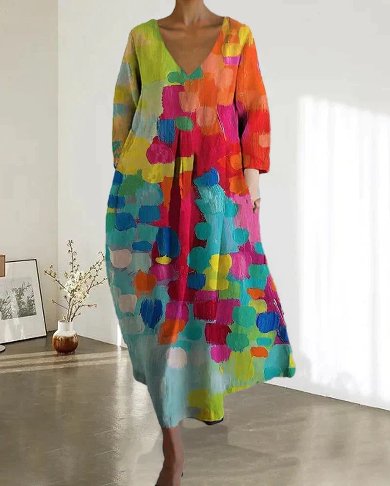 Drune | Bunt Bedrucktes Kleid Mit V-Ausschnitt