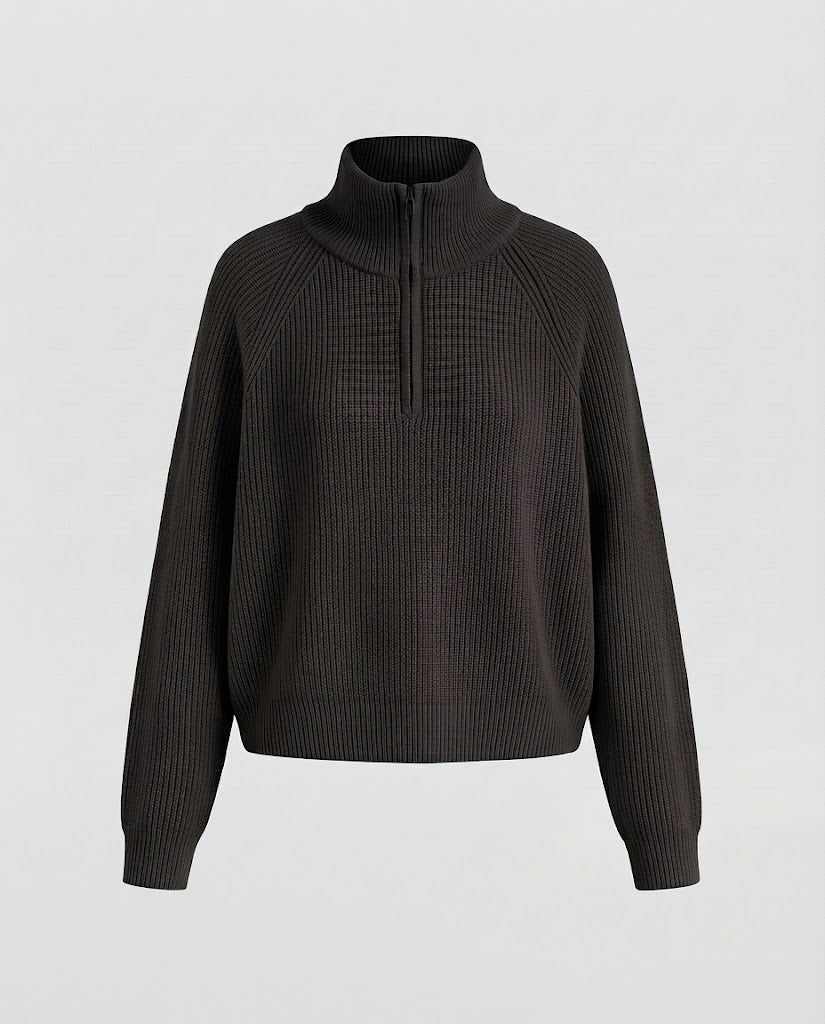 Damen Kurzer Halbzip-Strickpullover mit Rippenstruktur und Stehkragen Drune