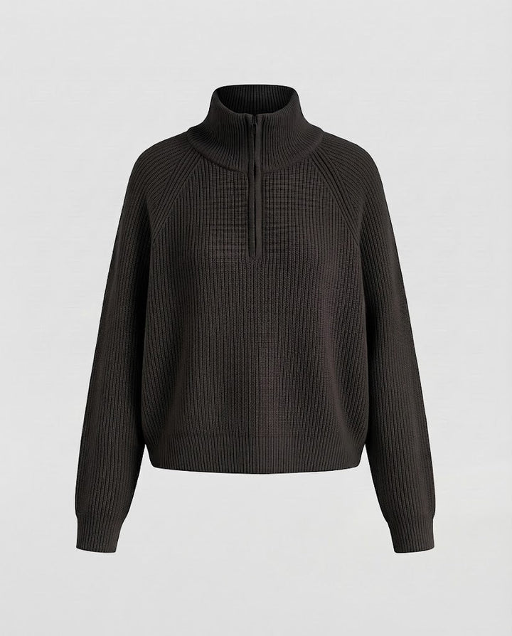 Damen Kurzer Halbzip-Strickpullover mit Rippenstruktur und Stehkragen Drune