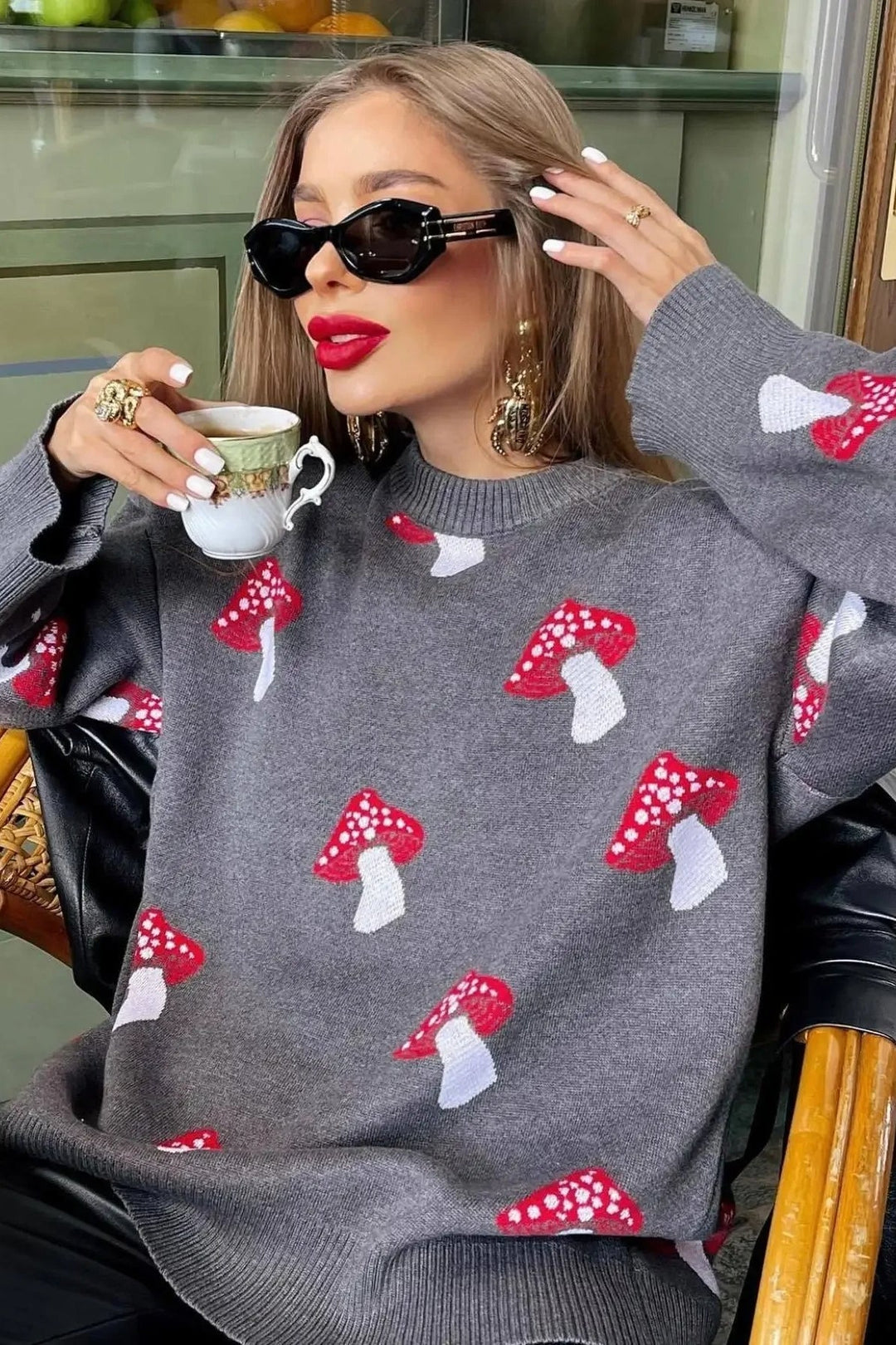 Drune | Cozy mushroom jacquard knit sweater