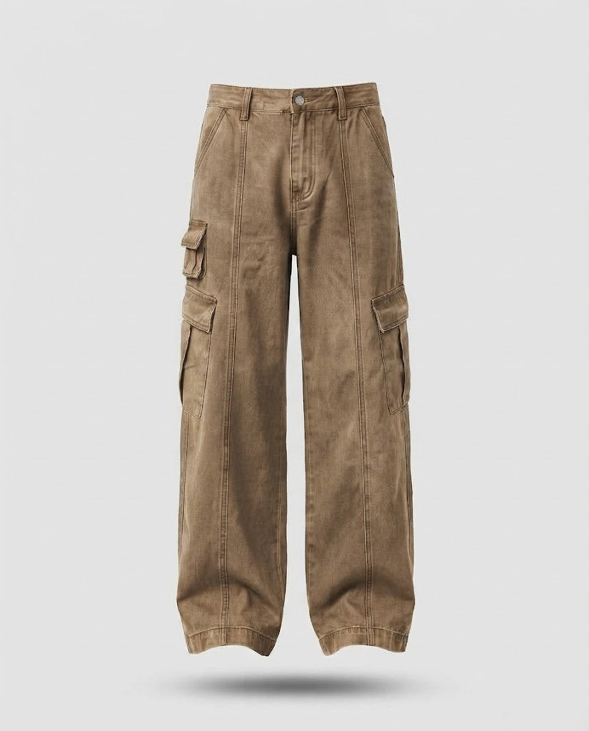 Herren Weite Utility-Cargo-Palazzo-Hose mit Mehrfach-Taschen und sichtbaren Steppnähten Drune