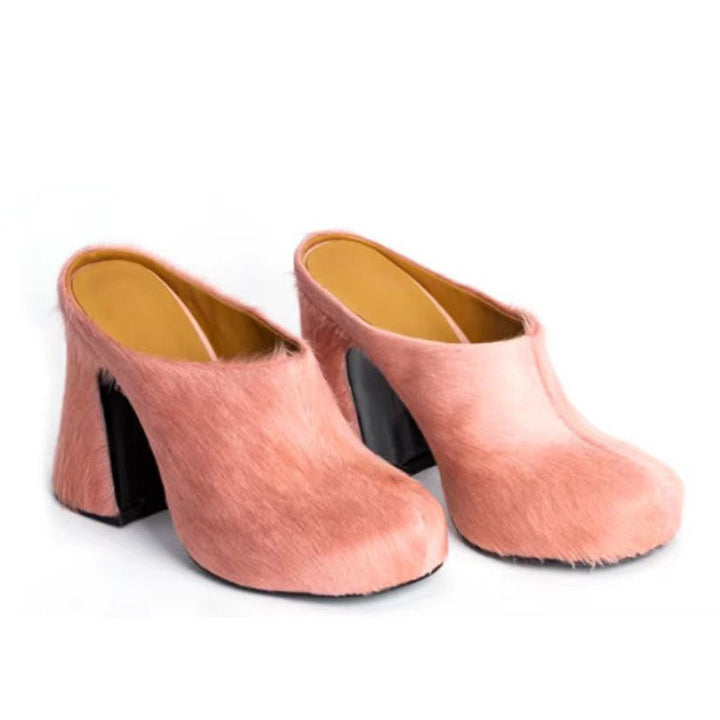 Drune | Geschlossene Zehe Rosshaar Chunky Heel Wasserdichte Plattform Slipper