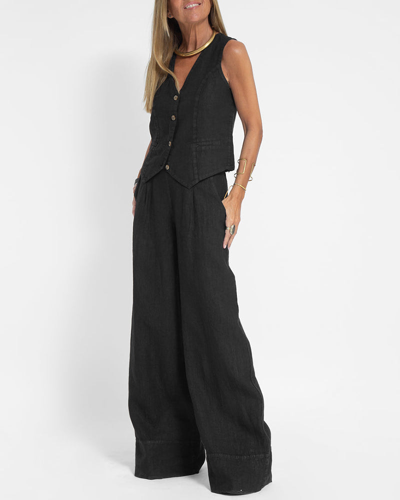 Drune | Elegantes 2-Teiliges Set Leinen Weite Hose & Weste