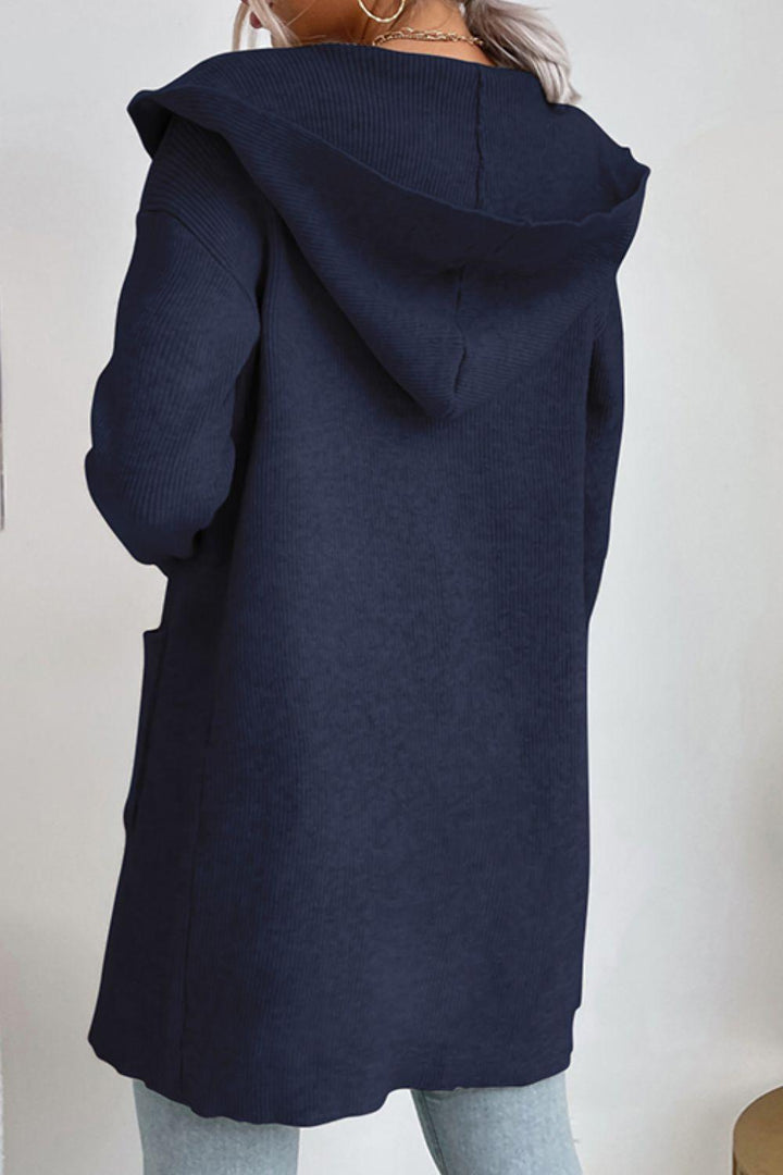 Drune | geripptes offen-front Cardigan mit Kapuze und Taschen