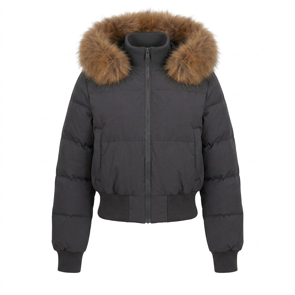 Damen Nano Short gepolsterte Kapuzen-Pufferjacke mit voluminösem Kunstfellbesatz, gerippten Bündchen und wärmender Thermofüllung