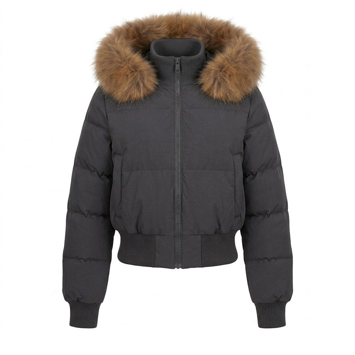 Damen Nano Short gepolsterte Kapuzen-Pufferjacke mit voluminösem Kunstfellbesatz, gerippten Bündchen und wärmender Thermofüllung