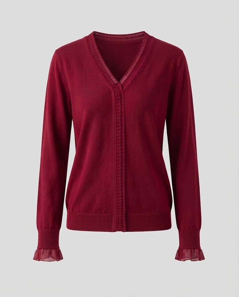Damen Feiner V‑Ausschnitt-Feinstrickpullover mit plisseeverzierten Kanten und fließender Silhouette Drune