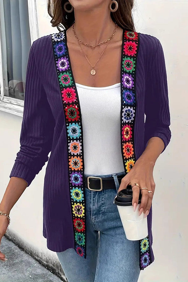 Drune | Boho knit cardigan with floral trim and long sleeves