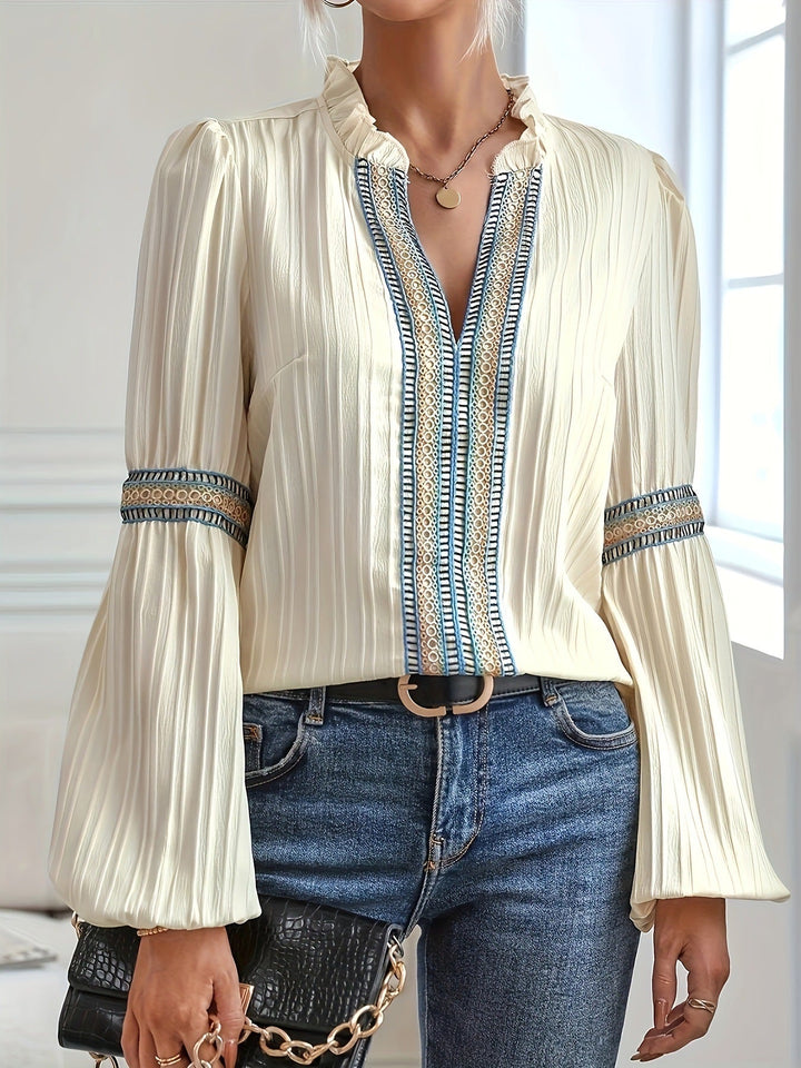 Drune Spitzen-Patchwork-Shirt mit V-Ausschnitt