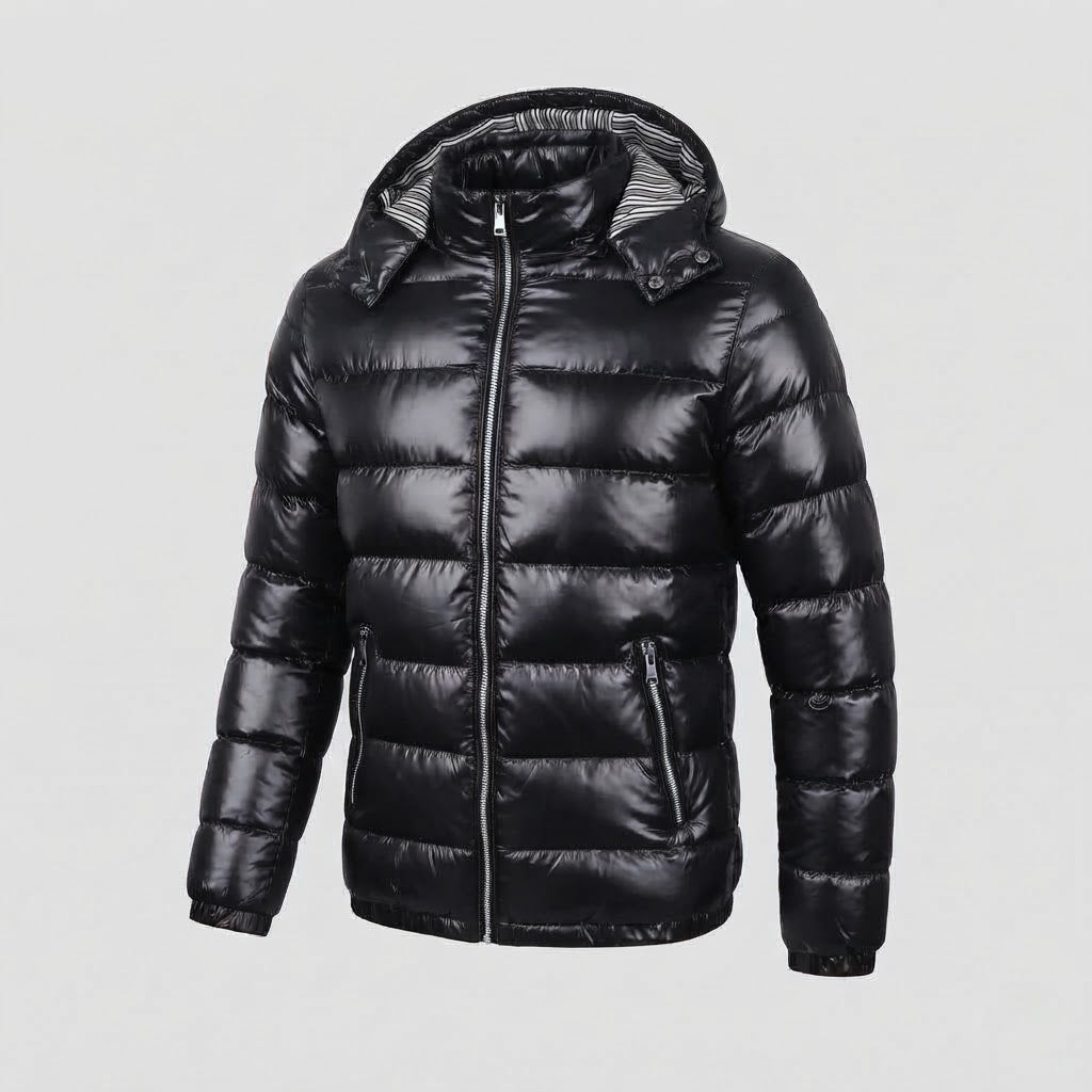 Herren Glänzende Steppjacke mit Kapuze, Gestreiftem Innenfutter & Kontrastreißverschlüssen Drune