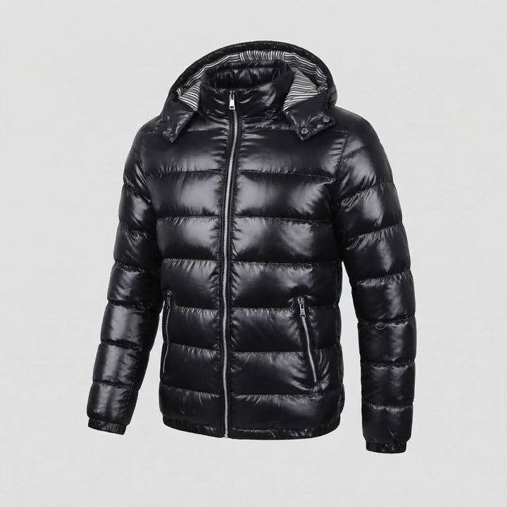 Herren Glänzende Steppjacke mit Kapuze, Gestreiftem Innenfutter & Kontrastreißverschlüssen Drune