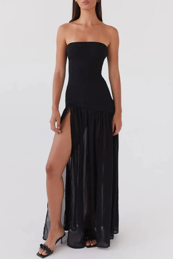 Drune | Eden Patchwork Semi-Transparent Chiffon Strapless Maxi-Kleid