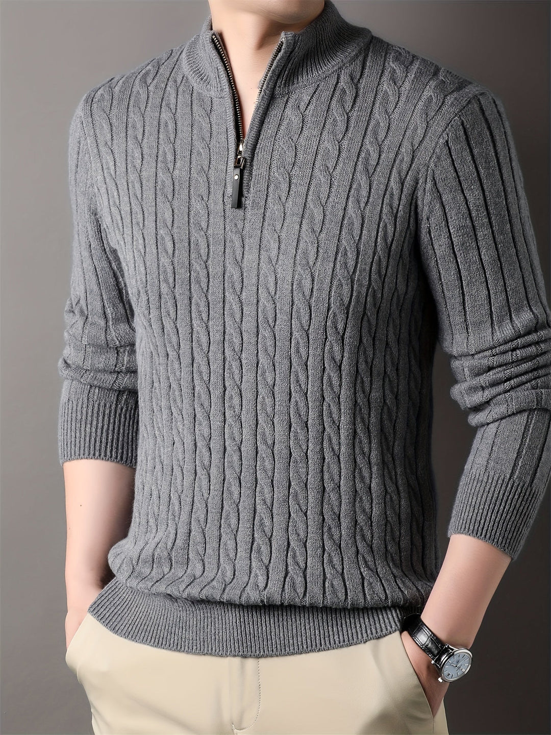 Drune | Lässiger Herrenpullover aus Zopfstrick mit Reißverschluss