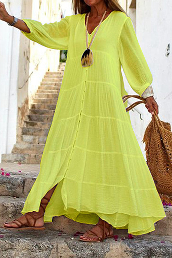 Drune | Seraphina Baumwoll-Leinen-Mischung Knopf-Up Gestuftes Maxikleid