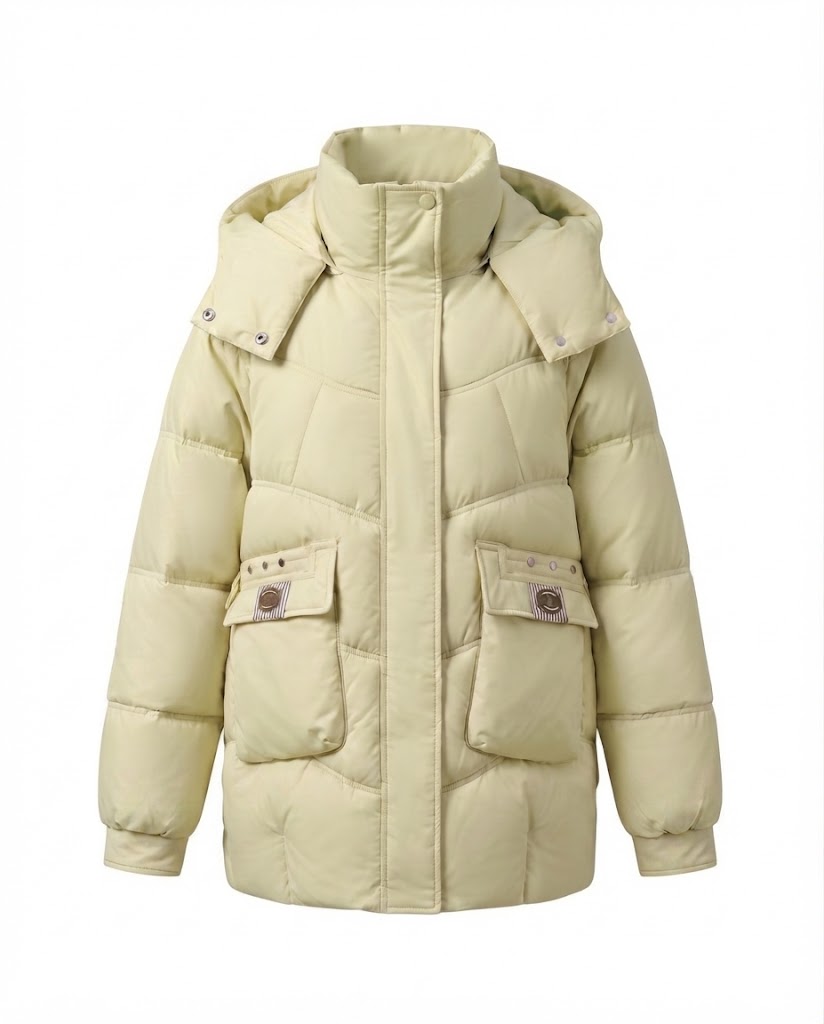 Damen mid-long gepolsterte Parka mit hohem Stehkragenklappe, verstaubarem Kapuze und großen Cargo-Taschen