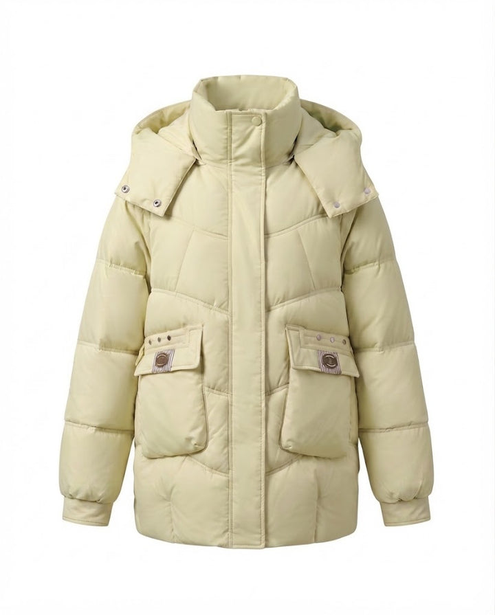 Damen mid-long gepolsterte Parka mit hohem Stehkragenklappe, verstaubarem Kapuze und großen Cargo-Taschen