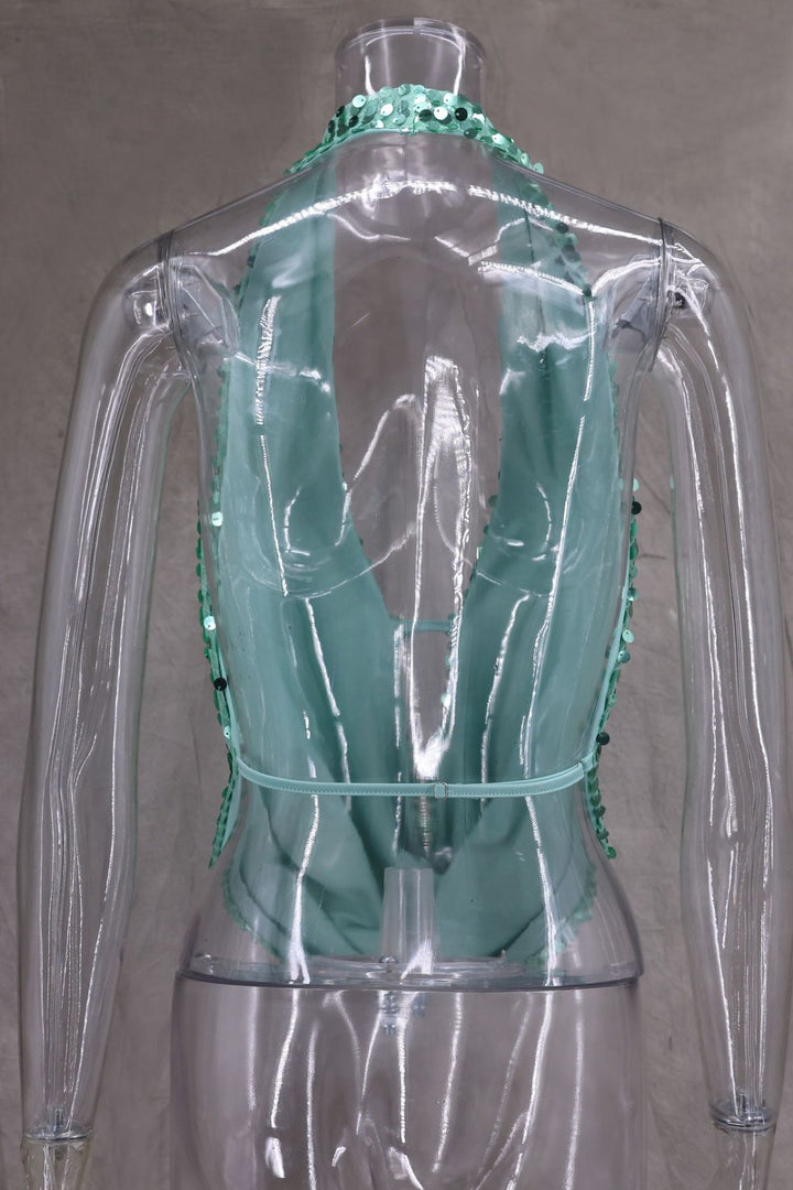 Drune | Tiefer V-Ausschnitt mit Pailletten, sexy Neckholder-Kleid
