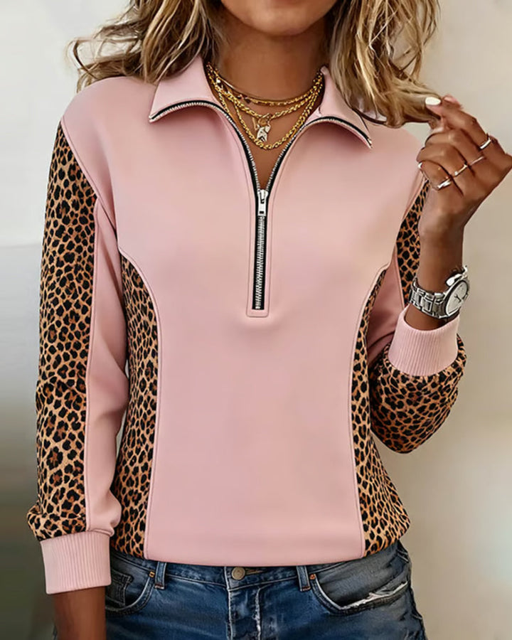 Drune | Sweatshirt mit Halbreißverschluss und Leopardenprint
