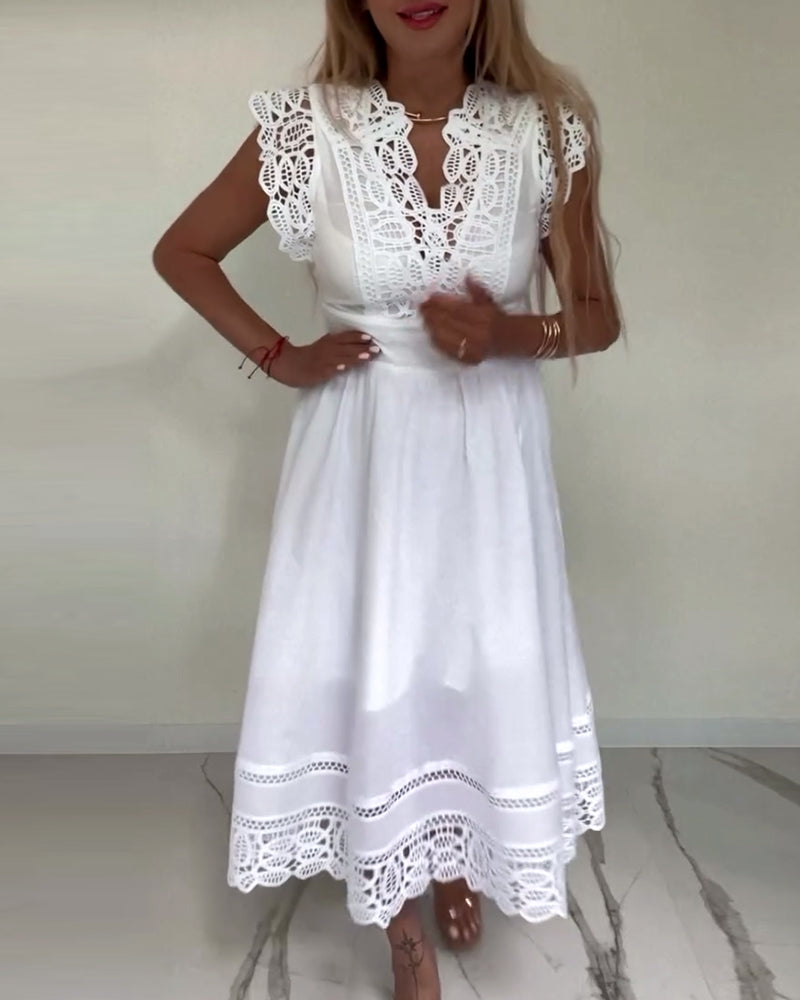 Drune | Elegantes Ärmelloses Kleid aus Einfarbiger Spitze mit V-Ausschnitt